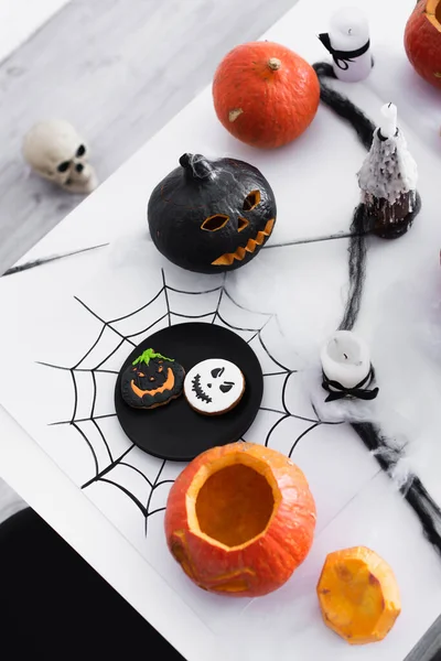 Top View Pumpkins Baked Spooky Cookies Halloween Party — Stock Photo, Image