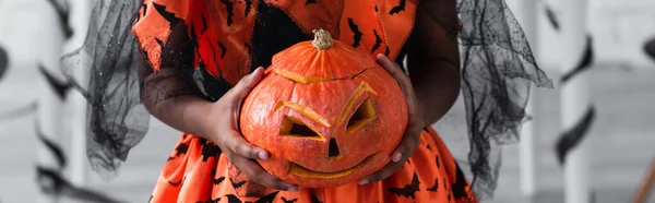 Cropped View African American Kid Holding Carved Pumpkin Banner — Stock Photo, Image