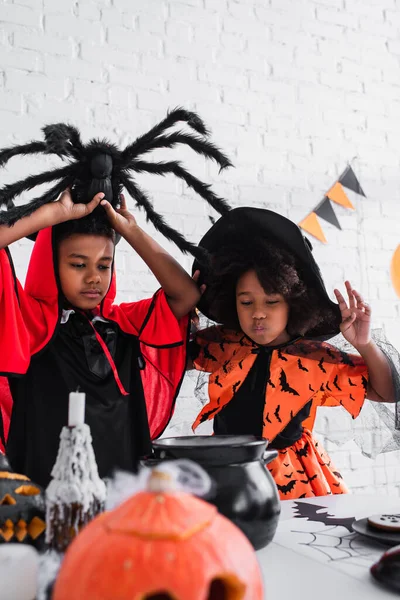 African American Kids Halloween Costumes Preparing Potion Witch Cauldron — Stock Photo, Image