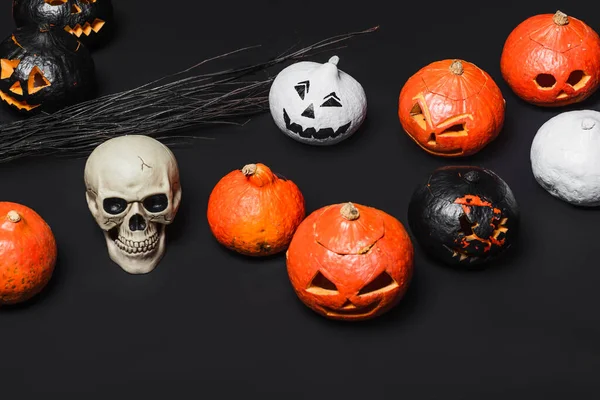 Skull Broom Carved Pumpkins Black — Stock Photo, Image