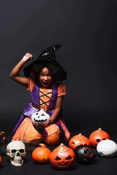 Excited African American Child Witch Costume Pointed Hat Carved Pumpkins — Stock Photo, Image