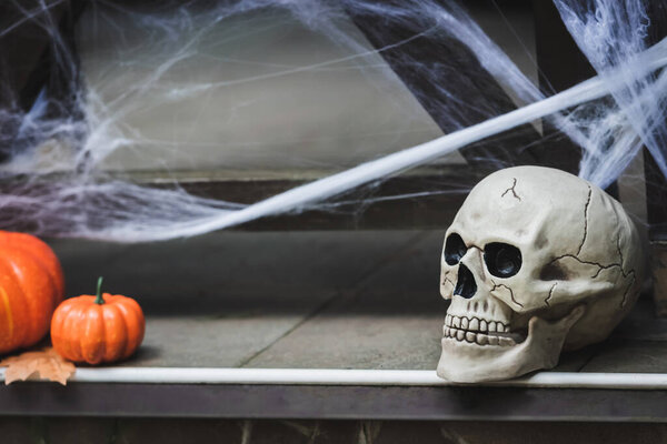 creepy skull and orange pumpkins near blurred spider net on house porch
