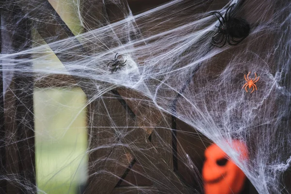 Close View Spider Net Toy Spiders Wooden Fence Decorated Halloween — Stock Photo, Image