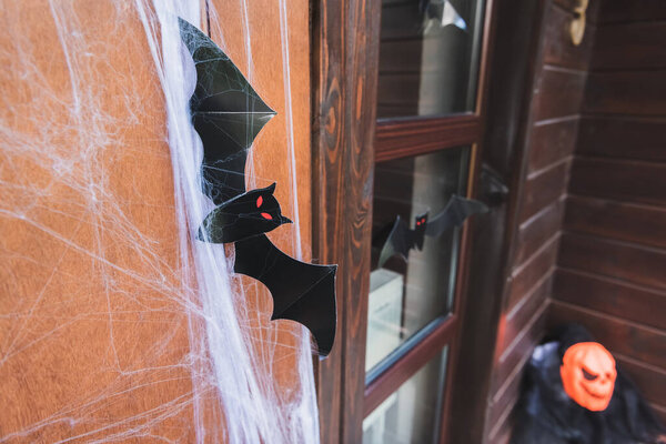 house door decorated with spider net and black paper cut bat