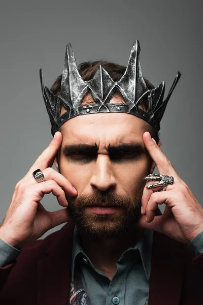 Thoughtful Serious Man Vampire King Halloween Crown Touching Head Isolated — Stock Photo, Image