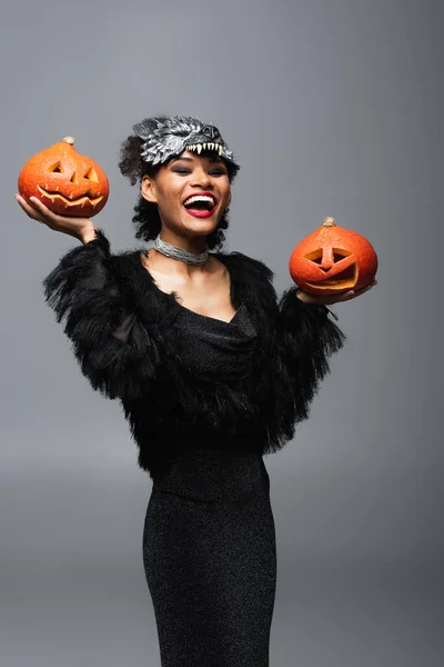 Excited African American Woman Black Dress Wolf Mask Holding Halloween — Stock Photo, Image