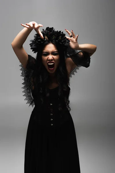 Asian Woman Vampire Halloween Costume Showing Scary Gesture Growling Isolated — Stock Photo, Image