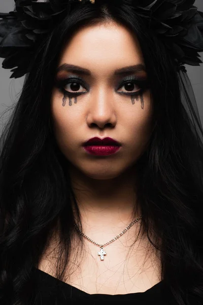 Brunette Asian Woman Vampire Halloween Makeup Looking Camera Isolated Grey — Stock Photo, Image