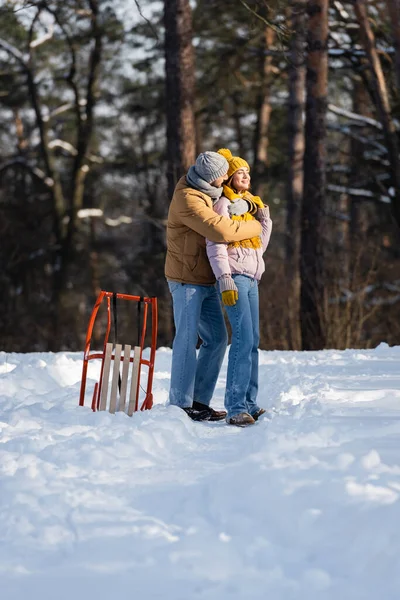 Young Man Hugging Smiling Girlfriend Sled Winter Park — Stock Photo, Image