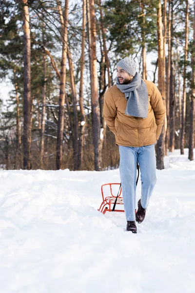 Positive Bearded Man Pulling Sled Winter Park — Stock Photo, Image