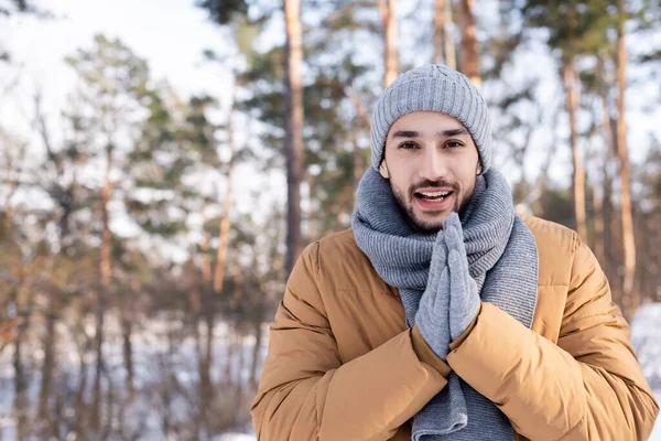 Happy Man Warm Clothes Standing Outdoors — Stock Photo, Image