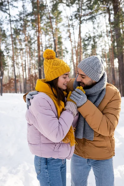 Smiling Man Hugging Girlfriend Holding Hands Winter Park — Stock Photo, Image