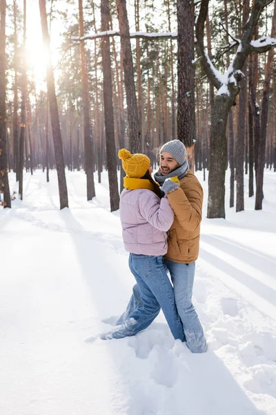 Happy Young Man Holding Hand Girlfriend While Standing Snow — Stock Photo, Image