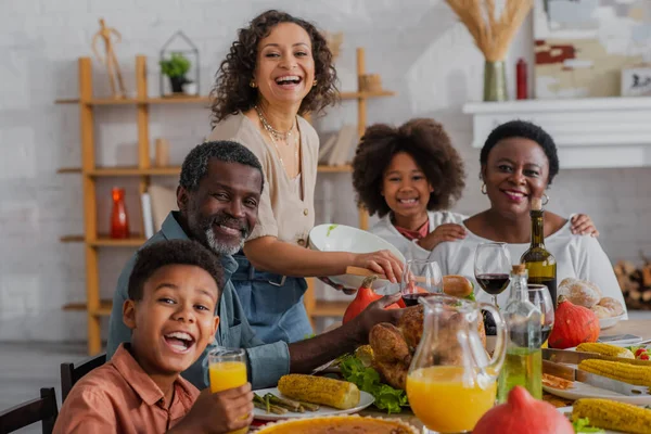 Smiling African American Family Looking Camera Thanksgiving Dinner — Stock Photo, Image