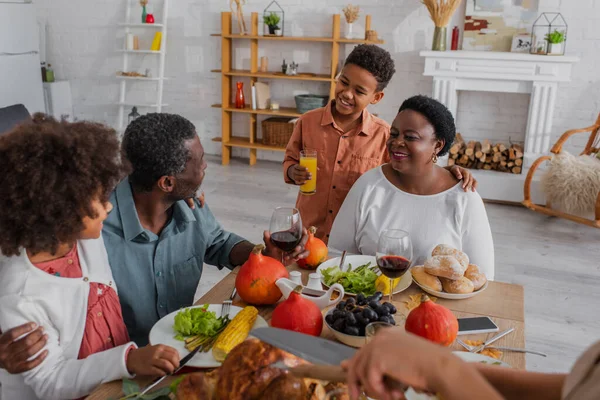 Smiling African American Kids Grandparents Thanksgiving Dinner Home — Stock Photo, Image