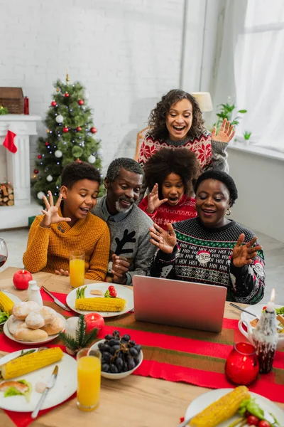 Excited African American Family Waving Hands While Having Video Call — Stock Photo, Image