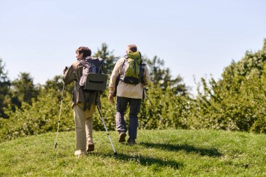 Aktif yaşlılar yemyeşil tepelerde yürürler, doğayı kucaklarlar ve birbirlerine eşlik ederler..