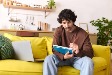 Handsome young man concentrates on his notebook while seated comfortably in a stylish room.