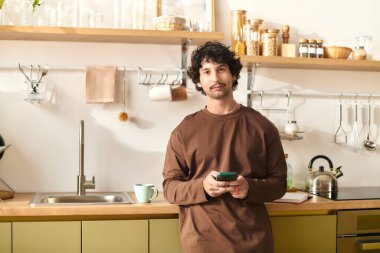 Young man stands in a stylish kitchen, casually checking his phone with a cup nearby.