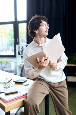 Young man carefully reads through important documents while seated in a stylish office.