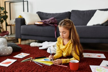 Gen alfa kızı renkli kalemlerle oturma odasındaki rahat halıya resim çizer.