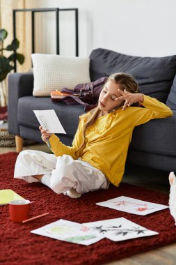 Genç bir alfa kızı evde rahatlar, yaratıcılığını yerde sanatla ifade eder..