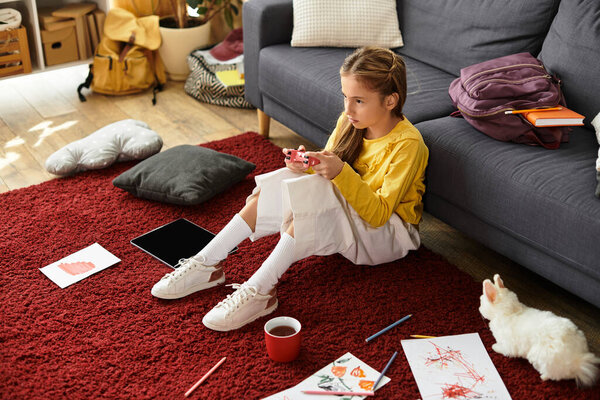 A gen alpha girl relaxes on a cozy rug, engaging with her games and drawing while at home.