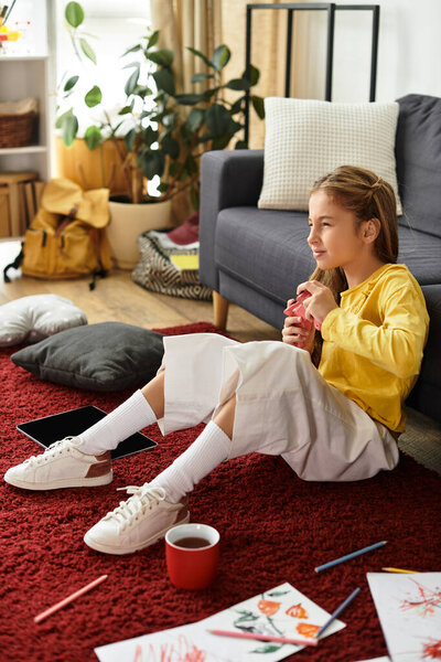 Девушка в повседневной одежде расслабляется на мягком ковре, наслаждаясь своим напитком и окраской.