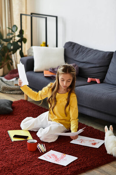 Молодая девушка в желтом топе занимается рисованием и созданием произведений искусства, расслабляясь дома.