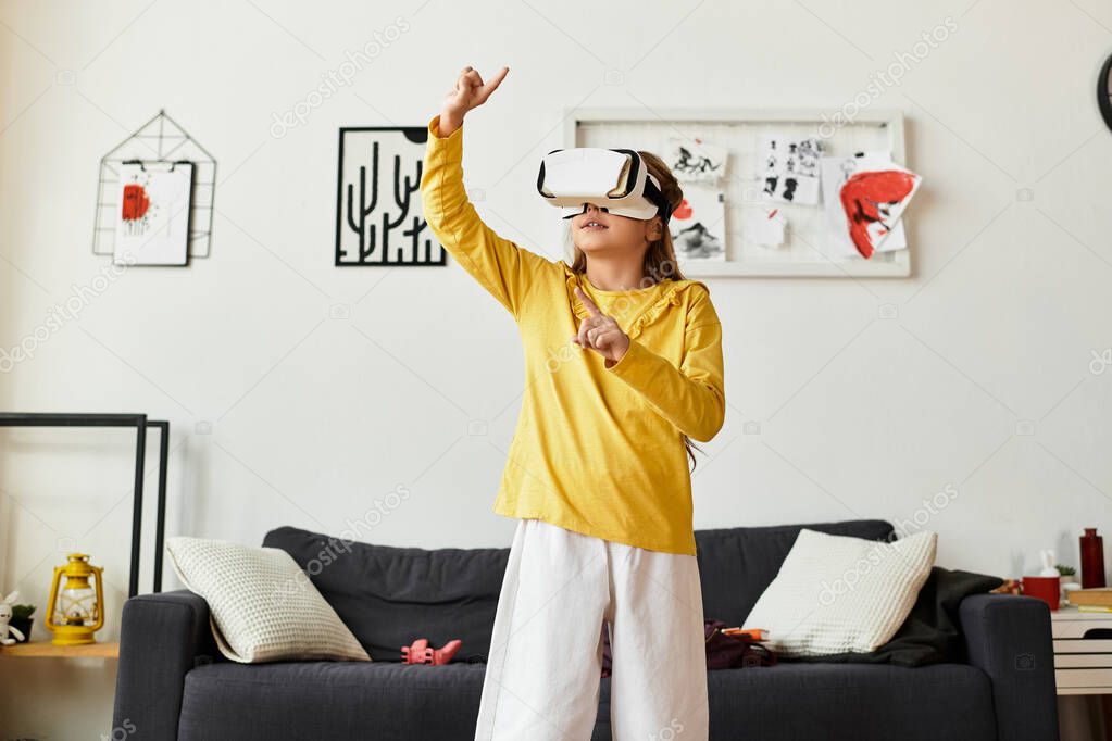A girl in a yellow top and white pants explores virtual reality in her home.