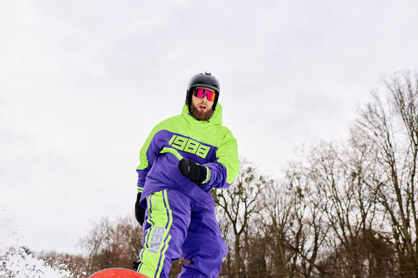 Snowboarder with a beard carves through powdery snow on a snowy slope outdoors.