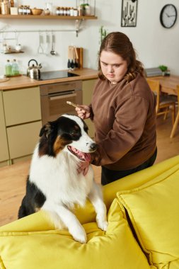 Down sendromlu bir kadın köpeğini canlı bir oturma odasında tımar ederken neşeli bir anı paylaşıyor..