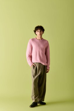 Yakışıklı bir adam kendine güveni tam bir şekilde şık giyinmiş, çekici ve zarif bir görünüm sergiliyor..