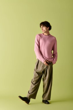 Pembe kazaklı şık bir adam parlak yeşil bir arka plana karşı güvenle poz verir..