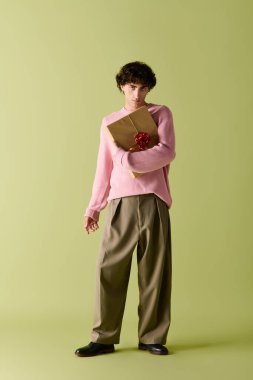 Yakışıklı bir adam kendine güvenen bir hediye tutar, zarif giyinir yeşil bir zemine karşı.