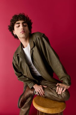 Moda kıyafetleri içinde şık bir adam taburede rahatça poz veriyor, kırmızı ışığa karşı çarpıcı bir görüntü yaratıyor..