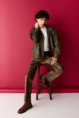 Kendine güvenen bir adam ahşap bir taburede poz veriyor. Kalın bir geçmişi olan şık bir deri elbise sergiliyor..