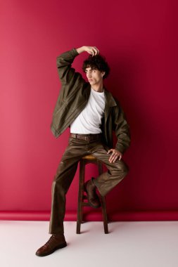 Yakışıklı bir adam şık kıyafetini sergiliyor. Cazibesi ve kendine güveni canlı bir ortamda..