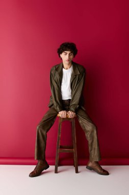İyi giyimli bir adam zarif bir taburede oturur ve çarpıcı kırmızı bir duvara karşı modern modayı sergiler..