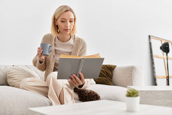 A blonde woman relaxes at home in comfortable clothes while savoring a book and warm drink.