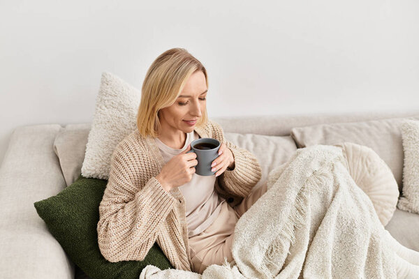 A blonde woman enjoys a warm drink while wrapped in a soft blanket in her stylish apartment.