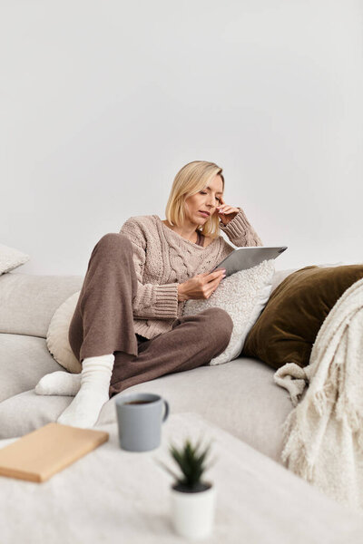 Blonde woman relaxes on a sofa, reading a tablet in comfortable winter attire while embracing hygge.