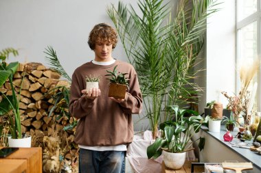 Genç bir adam yemyeşil ve ahşap dekorlarla çevrili küçük bitkilere hayran..