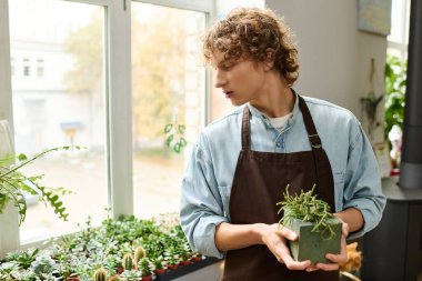 Önlük takan genç adam, yeşillik ve doğal ışıkla çevrili küçük bir kap tutuyor..