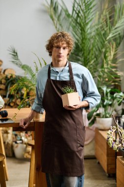 Genç ve yaratıcı bir adam küçük bir bitki tutuyor, doğa ve sanatı, kapalı bir alanda karıştırıyor..