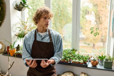 Genç yaratıcı adam elinde bitkilerle dolu parlak bir odayı yansıtan bir tablet tutuyor..