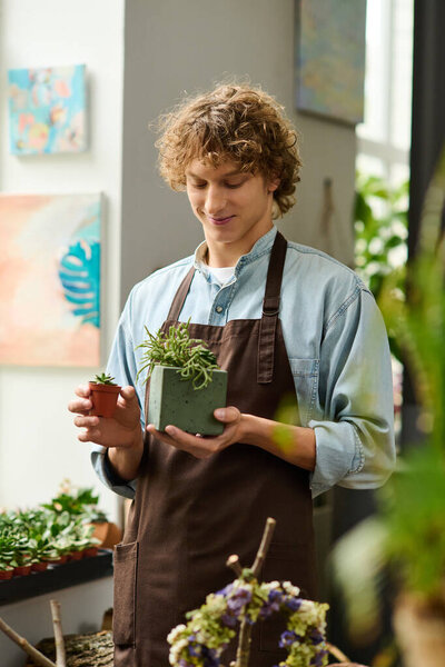 A young creative man smiles as he balances two potted plants in a vibrant indoor garden setup.