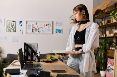 Genç yaratıcı kadın şık evinde duruyor, son sanat projesini düşünüyor..