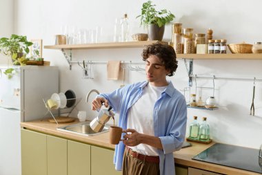 Genç bir adam, günlük rutinine dalmış, modern mutfağında kahve hazırlıyor..
