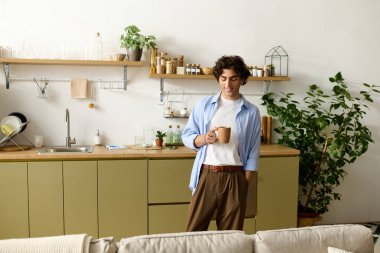 Kıvırcık saçlı genç adam dairesinde rahatlıyor, kahvesini yudumluyor ve rahat atmosferin tadını çıkarıyor..